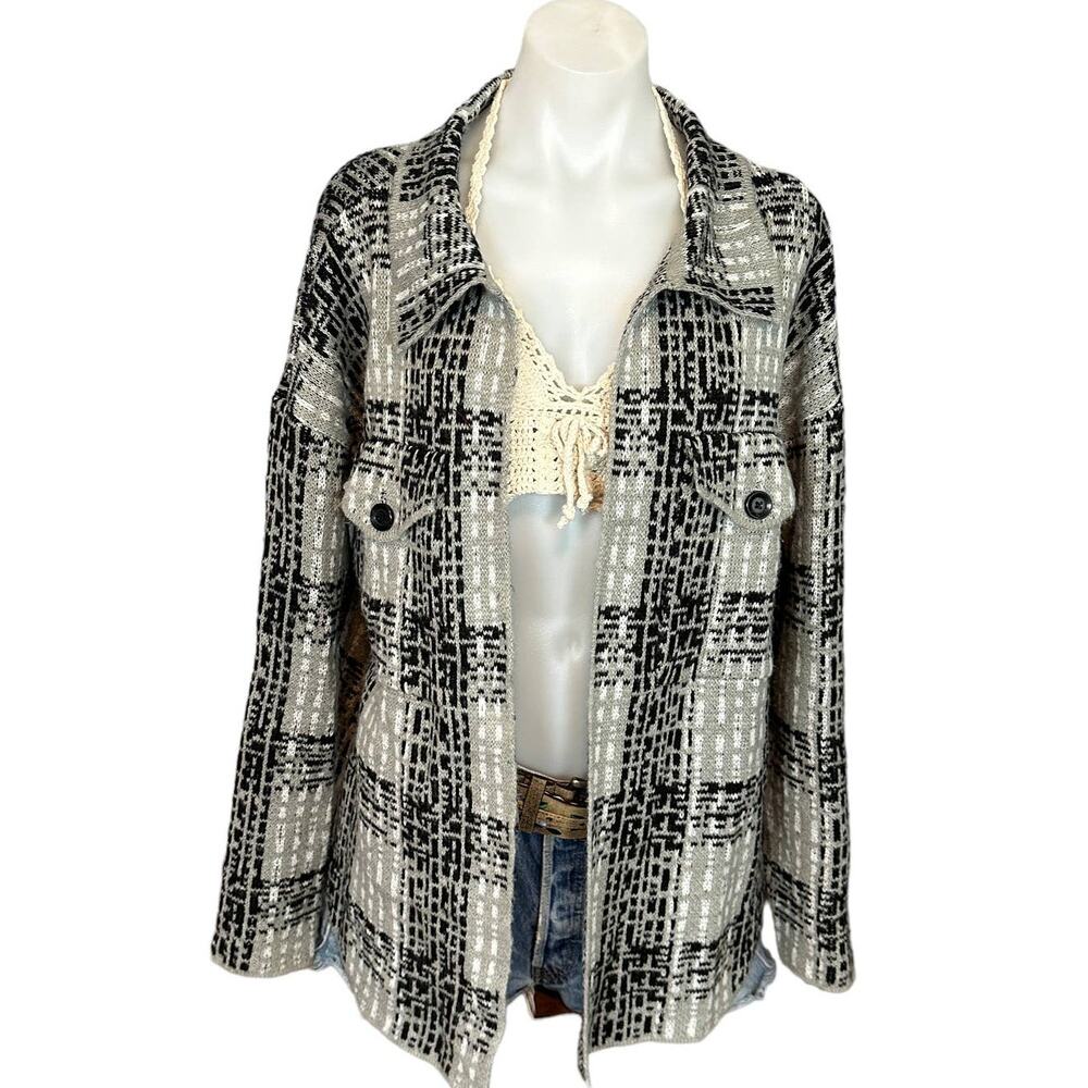 By Design Plaid Shacket Cardigan Sweater XXL Black Gray Oversize Relax Fit Ava